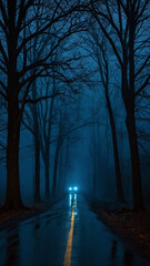 Obraz premium Car driving down a gloomy forest road at night with headlights glowing through the dark, misty atmosphere.