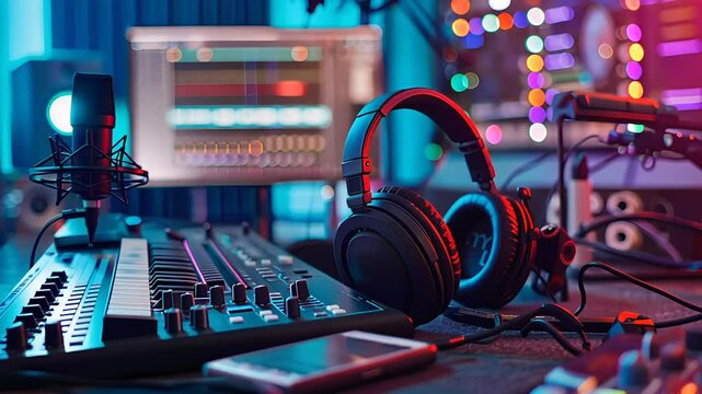 Professional recording studio with a microphone and audio editing software, conveying audio production and creativity.