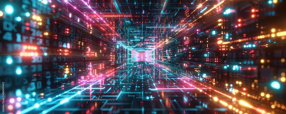 Aufkleber a vibrant digital tunnel with colorful lights and data streams, perfect for technology and futuristi