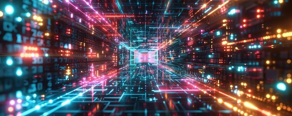 Fototapeta premium A vibrant digital tunnel with colorful lights and data streams, perfect for technology and futuristic themes.