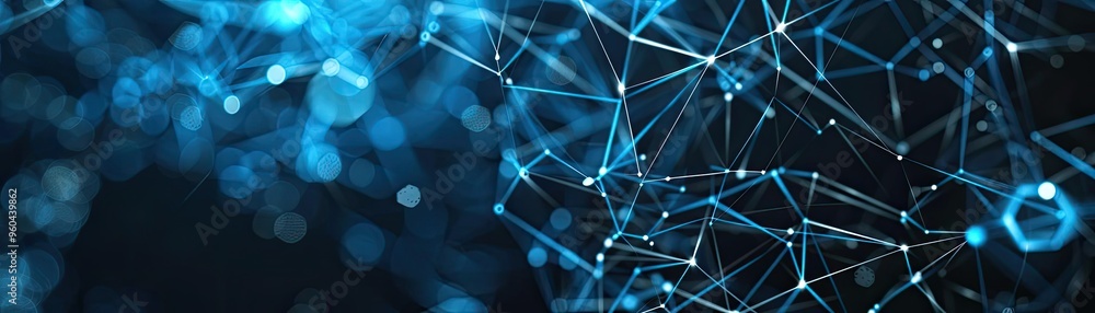 Poster Abstract network structure with glowing blue nodes and connecting lines, representing digital connections and modern technology.