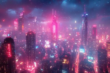 Fototapeta premium futuristic cityscape at night gleaming skyscrapers piercing starry sky neon lights and holographic billboards create otherworldly urban atmosphere