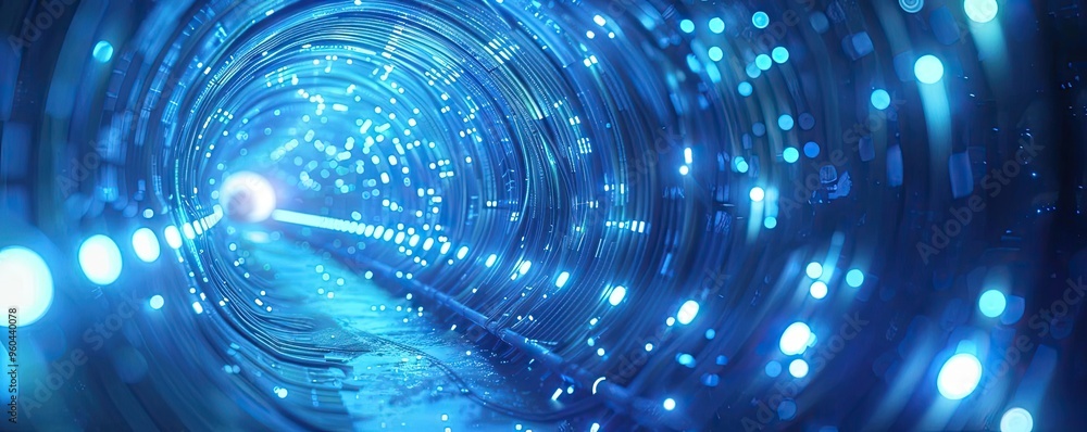 Poster An abstract view of a glowing tunnel with luminous particles, creating a sense of depth and mystery in a vibrant blue atmosphere.