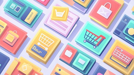 A vector illustration depicting various e-commerce elements, such as shopping carts, product tags, and payment methods.