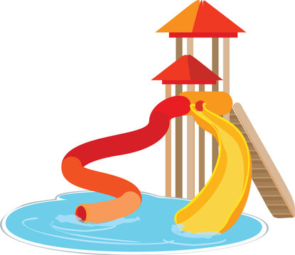 Two colorful water slides emptying into a pool of refreshing blue water
