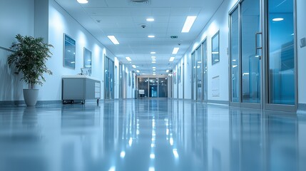 Modern Clinic Hallway with Glass Doors â€“ Professional Atmosphere in Soft Focus