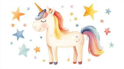 a whimsical watercolor illustration, cute happy unicorn with stars On white background 