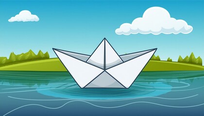 Obraz premium A paper boat on the body of water, origami art, illustration