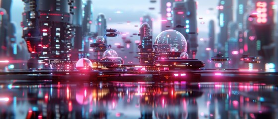 Obraz premium Luminescent Metropolis - Surreal Futuristic Cityscape with Glowing Neon Lights, Towering Skyscrapers, and Flying Vehicles, Digital Art Background,