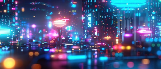 Fototapeta premium Neon Metropolis: Surreal Futuristic Cityscape with Glowing Lights and Flying Vehicles - Digital Art Background in