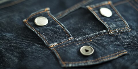 Close-up of blue denim fabric with buttons.
