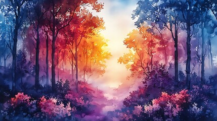 Sunlight filters through the trees in a tranquil watercolor forest scene.