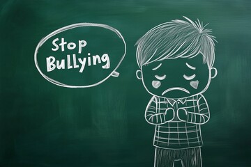 child boy drawing on blackboard with chalk with the text stop bullying, prevention message. Horizontal (3:2)