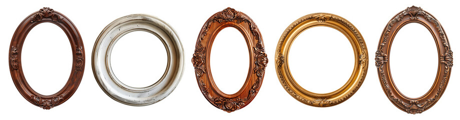 set of isolated round and oval vintage wooden picture frames