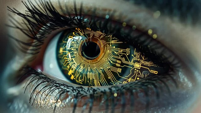 Exploring the fusion of technology and human vision with intricate circuitry in eye detail