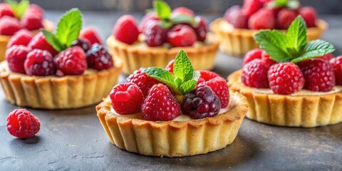 Delicious berry fruit cake tartlets topped with fresh raspberries, perfect for a sweet treat or dessert