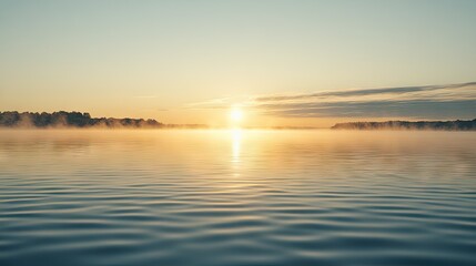 Naklejka premium A serene sunrise over a calm lake with fog gently rising from the water's surface.