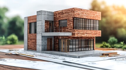 A modern brick house architectural model rests on a detailed blueprint.