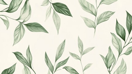 Hand-drawn green plant and leaf pattern in minimalist vintage botanical design for wallpaper