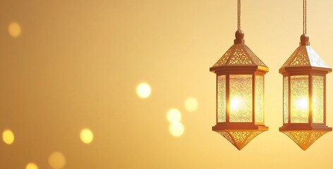 two golden arabic lanterns hanging on a light background, ample space for text, ramadan and eid banner concept