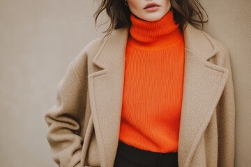 Stylish woman in orange turtleneck and tan coat for winter fashion inspiration