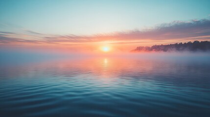 Fototapeta premium A serene sunrise over a calm lake with fog gently rising from the water's surface.