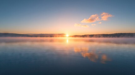 Naklejka premium A serene sunrise over a calm lake with fog gently rising from the water's surface.
