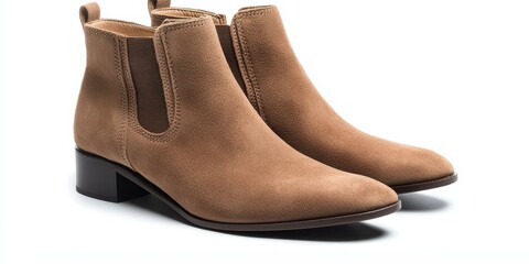 Two brown suede ankle boots on white background.