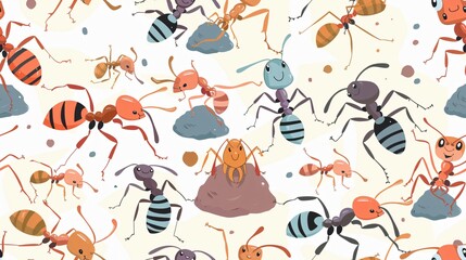 A colorful and cute illustration of ants in various poses and colors, creating a fun and playful seamless pattern.