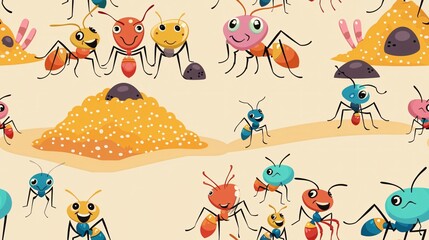 A colorful and playful seamless pattern featuring adorable cartoon ants in various poses. Perfect for enhancing the whimsy and charm of kids' room decor, clothing designs, or any other project.