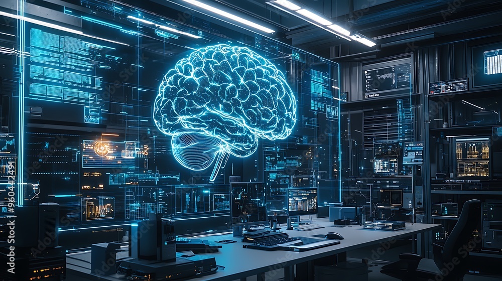 Poster an ai brain operates within a data center workstation, glowing with intelligence.