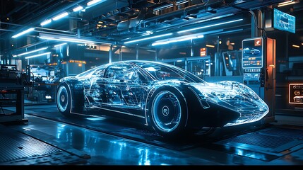 Fototapeta premium A wireframe blueprint of a futuristic car glows in blue neon lights.