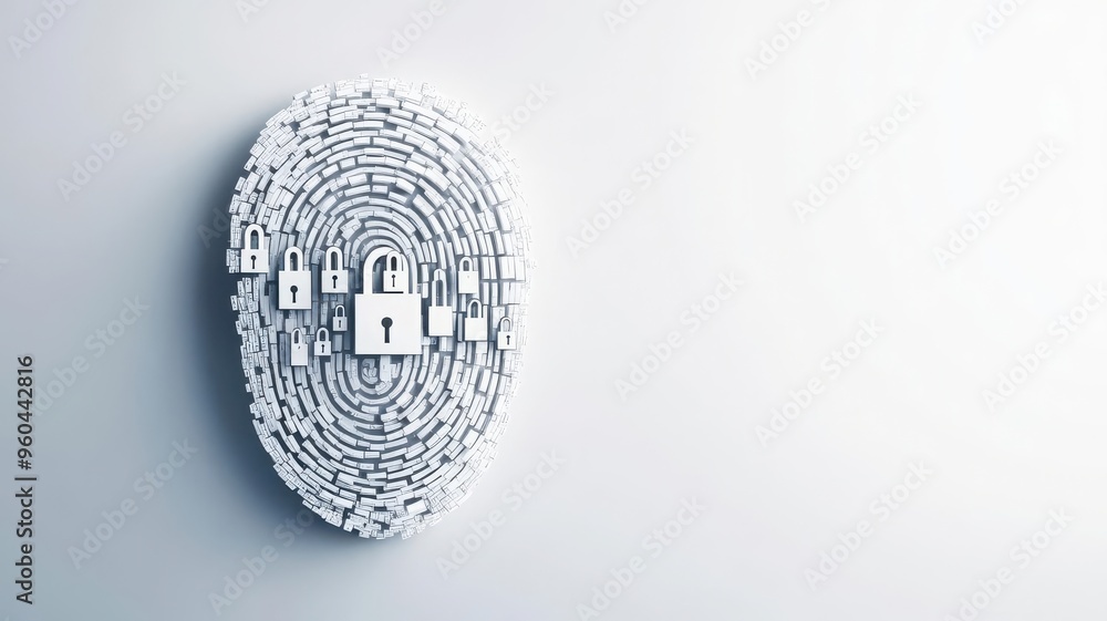 Poster fingerprint constructed from tiny padlocks, representing multi-layered encryption, fingerprint, data