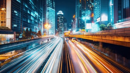 Obraz premium Dazzling Cityscape: Vibrant Lights and Blurred Motion