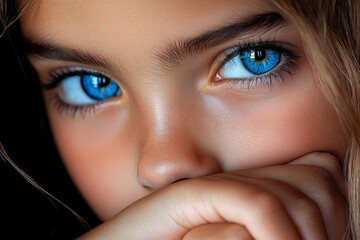 Fototapeta premium Girlâ€™s face, reflective eyes, thoughtful mood indicates she is lost in deep thought or reflection