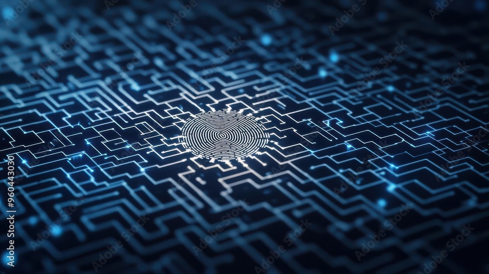 Poster fingerprint encased in a labyrinth of encrypted pathways, symbolizing complexity, fingerprint, encry