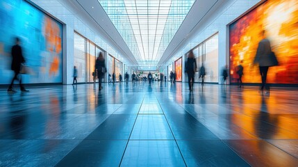 Futuristic Office Building Corridor with Contemporary Art and Clean Lines