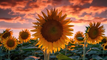 Obraz premium Sunflower in field at sunset