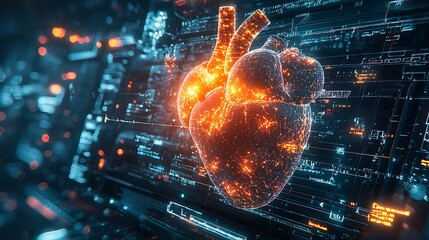 A glowing anatomical heart shines on a futuristic digital screen.