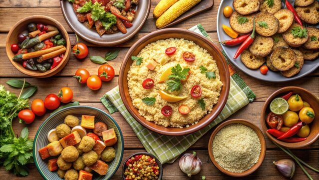A diverse community potluck dinner table with couscous, roasted vegetables, and baked goods, with copyspace on the side