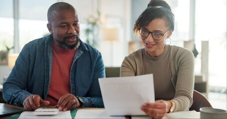Mature couple, documents and calculator in home for finance, budget or tax compliance for income. People, man and woman with interracial love, paperwork or review of bills, debt or investing in house - Powered by Adobe