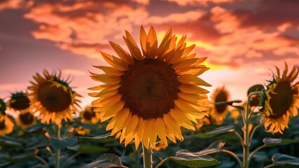 Obraz premium Sunflower in field at sunset