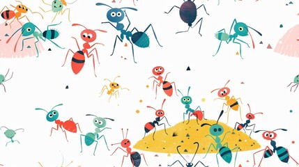 A vibrant illustration of colorful ants in various poses against a white background. The ants are drawn in a cartoonish style, with big eyes and smiles.