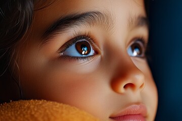 Girlâ€™s face, thoughtful gaze, deep in concentration suggests introspection and contemplation