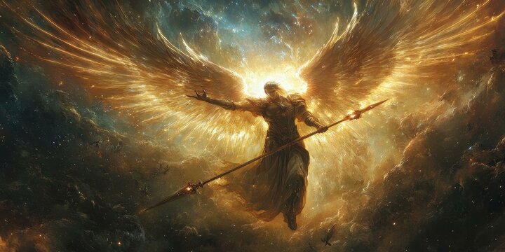 Angelic warrior with golden wings and spear.