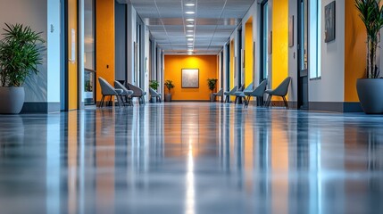 Dynamic Office Corridor with Open Seating in Modern Workspace