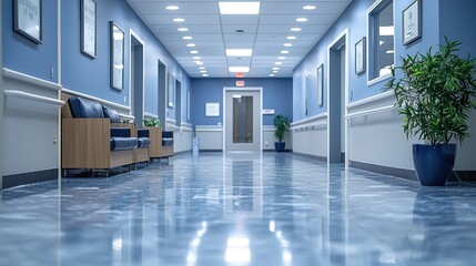 Serene Clinic Hallway with Soft Lighting and Calming Colors