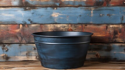 Naklejka premium A black metal bucket rests on a wooden table in front of a colored wall