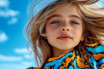 Girlâ€™s face, windblown hair, carefree spirit reflects a sense of freedom and adventure