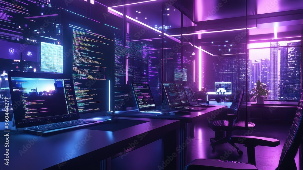 Poster futuristic cyberpunk programming workspace with neon lights